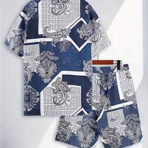 Fresh New Men's Trendy Paisley Print Casual Comfy Shirt & Shorts, Short Sleeve
